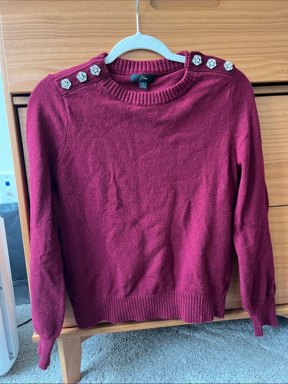 J. Crew Burgundy Crewneck Sweater with Crystal Shoulder Buttons